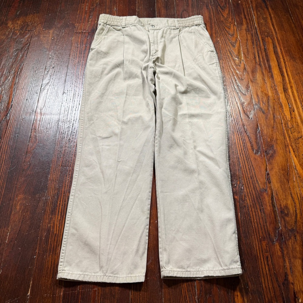 LL Bean Pathfinder Pants Mens 34x29 Tan Pleated Canvas Vintage USA Made Gorpcore